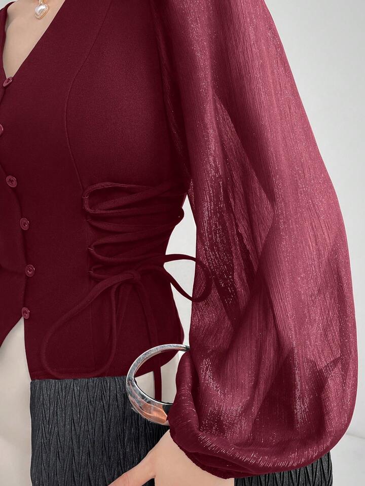 CM-TS872949 Women Elegant Seoul Style Sheer V-Neck Puff Lantern Sleeves Lace-Up Detail Blouse - Burgundy