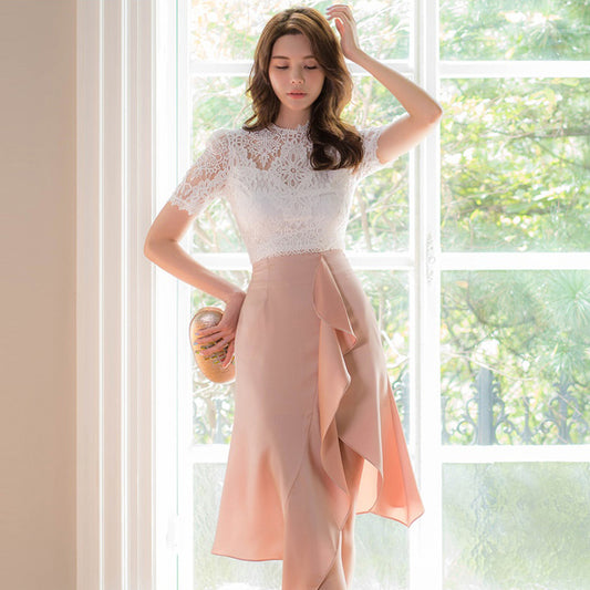 CM-SY040395 Women Elegant Seoul Style Lace Short Sleeve Top With Ruffle Skirt - Set