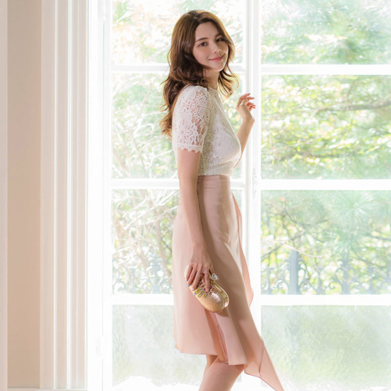 CM-SY040395 Women Elegant Seoul Style Lace Short Sleeve Top With Ruffle Skirt - Set