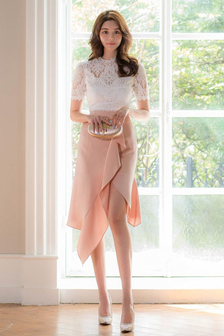 CM-SY040395 Women Elegant Seoul Style Lace Short Sleeve Top With Ruffle Skirt - Set