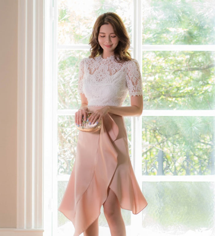 CM-SY040395 Women Elegant Seoul Style Lace Short Sleeve Top With Ruffle Skirt - Set