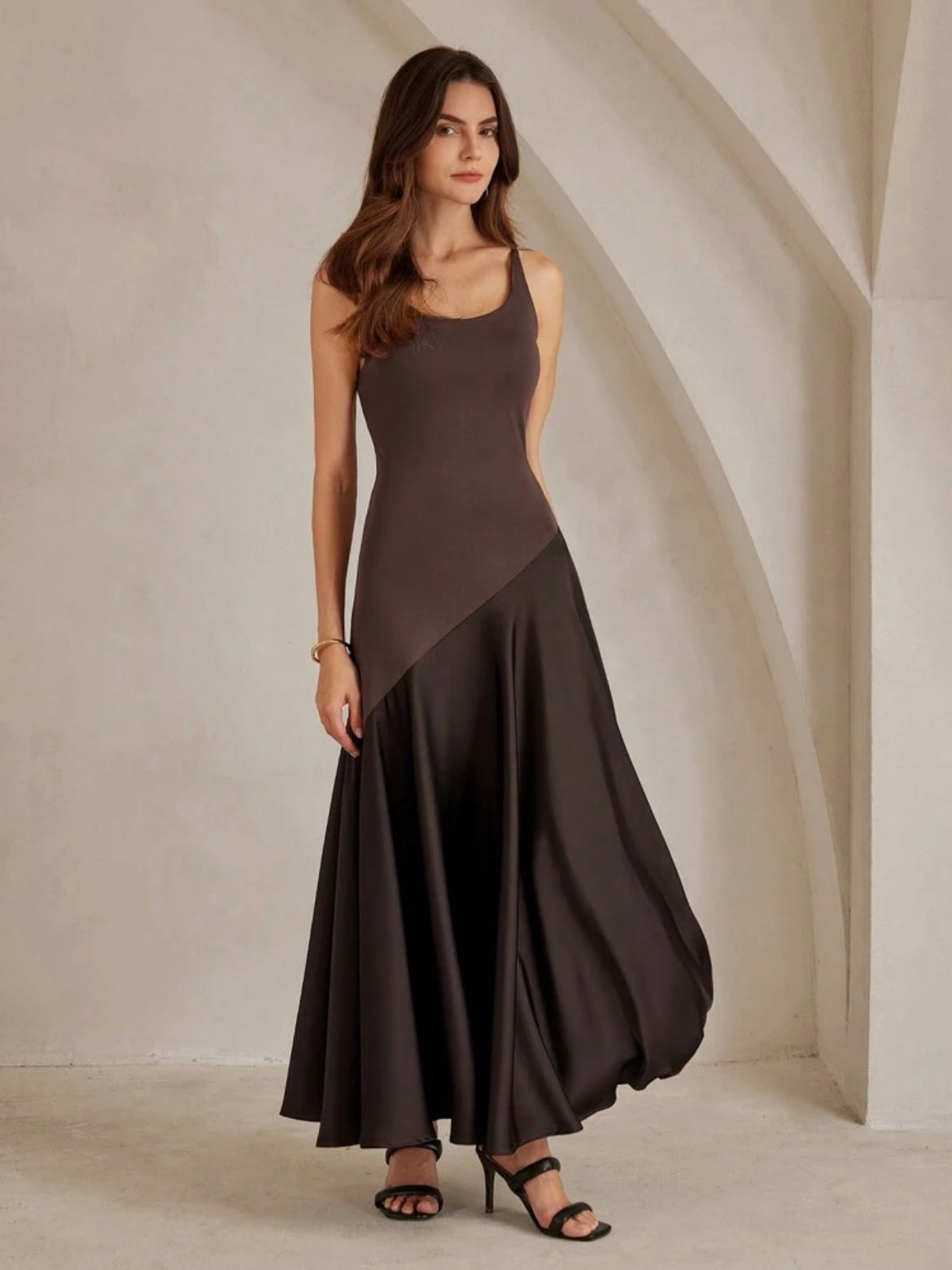 CM-DS099996 Women Elegant Seoul Style Solid Color Minimalist Spaghetti Strap Maxi A-Line Dress - Coffee