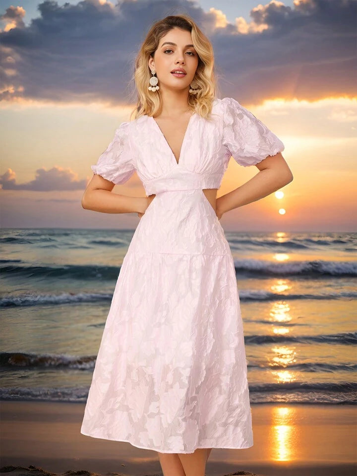 CM-DS244494 Women Elegant Seoul Style 3D Texture Floral V-Neck Puff Sleeve Short Dress - Pink