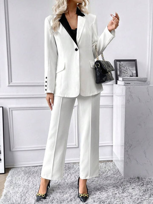 CM-SS451228 Women Elegant Seoul Style Contrast Collar Flap Detail Blazer With Pants Suit - White