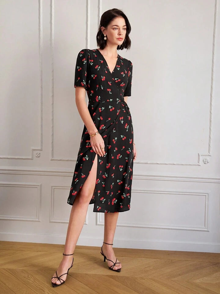 CM-DS467484 Women Trendy Bohemian Style V-Neck Cherry Print A-Line Midi Dress