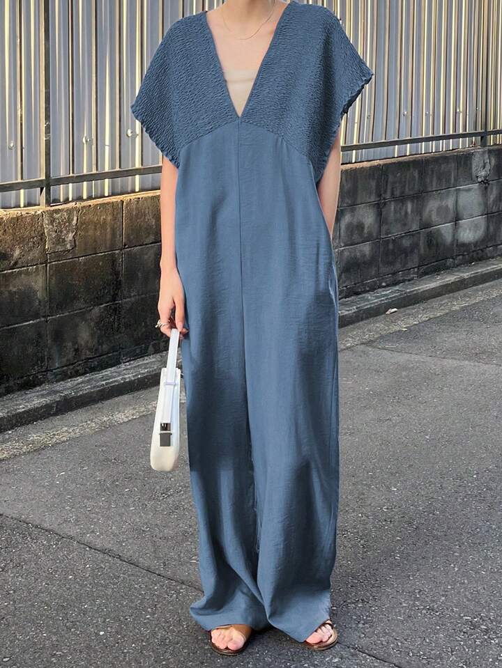 CM-JS656536 Women Trendy Bohemian Style V-Neck With Drawstring Jumpsuit Trousers - Blue