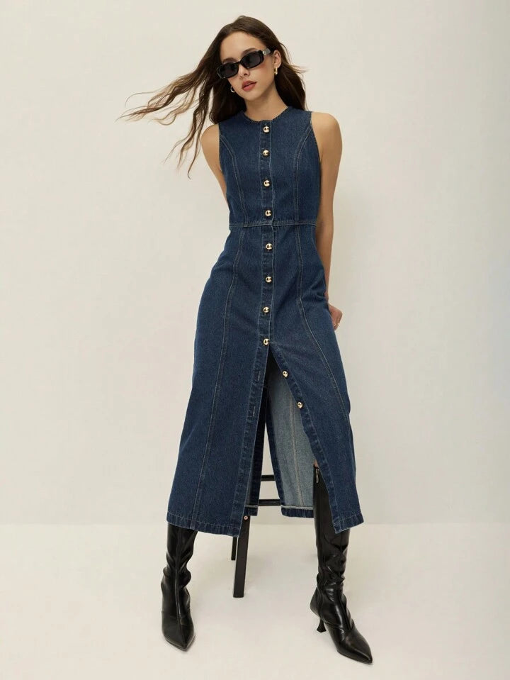 CM-BS846973 Women Casual Seoul Style Round Neck Front Button Sleeveless Midi Denim Dress