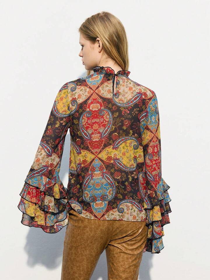CM-TS979228 Women Trendy Bohemian Style Stand Collar Floral Print Bell Sleeve Layered Blouse