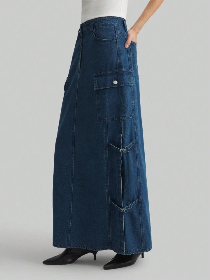 CM-BS254119 Women Casual Seoul Style Mid-Length A-Line Denim Skirt - Blue