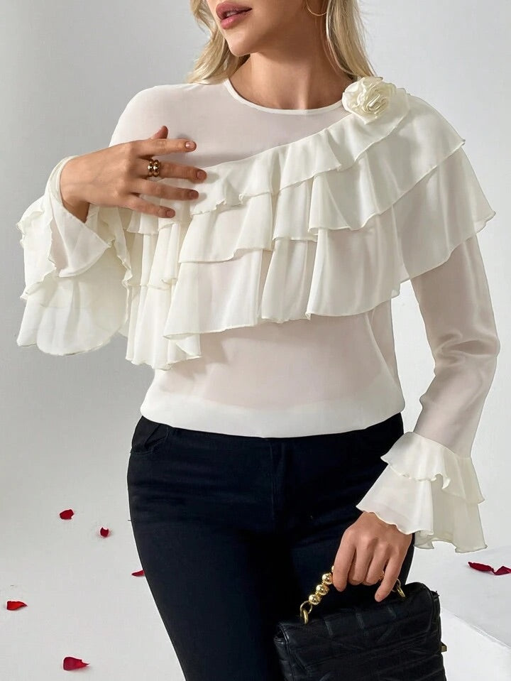 CM-TS684985 Women Elegant Seoul Style 3D Floral Decorated Ruffle Trim Blouse - Apricot