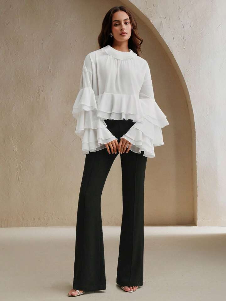 CM-TS115271 Women Elegant Seoul Style Flounce Collar Long Sleeve Silk Chiffon Shawl Top Ruffle Hem Loose Blouse