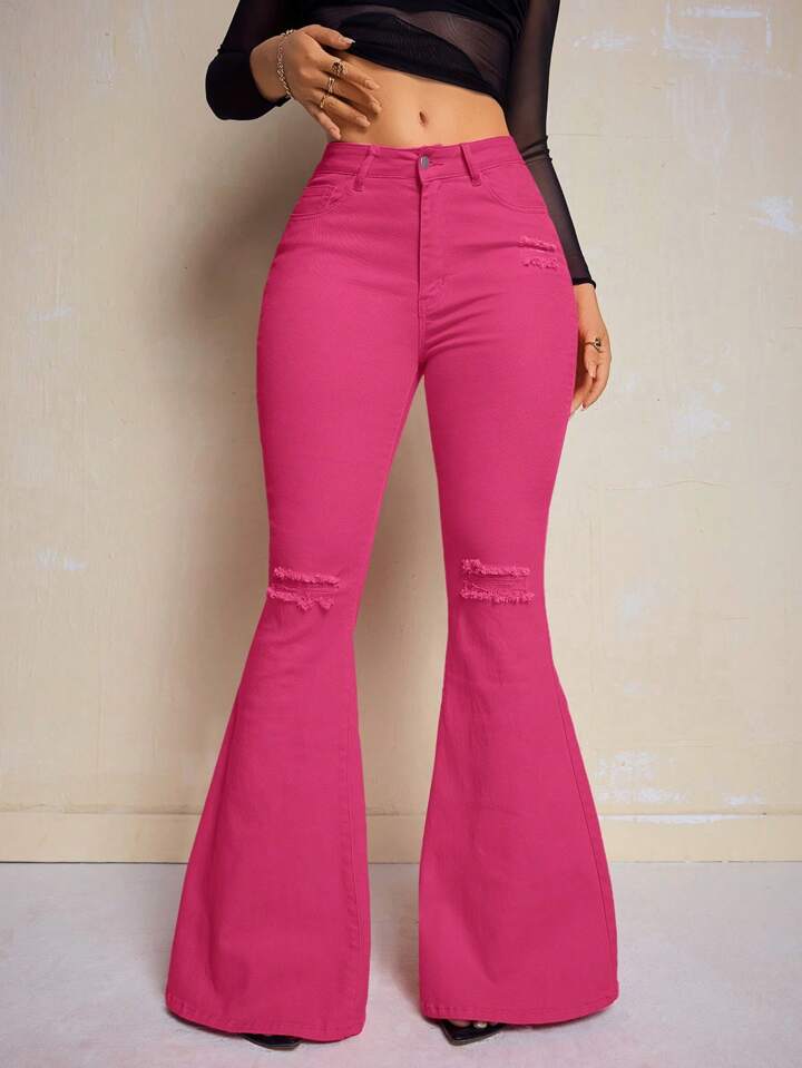 CM-BS440541 Women Casual Seoul Style Solid Color Frayed Hem Skinny Flared Jeans - Hot Pink