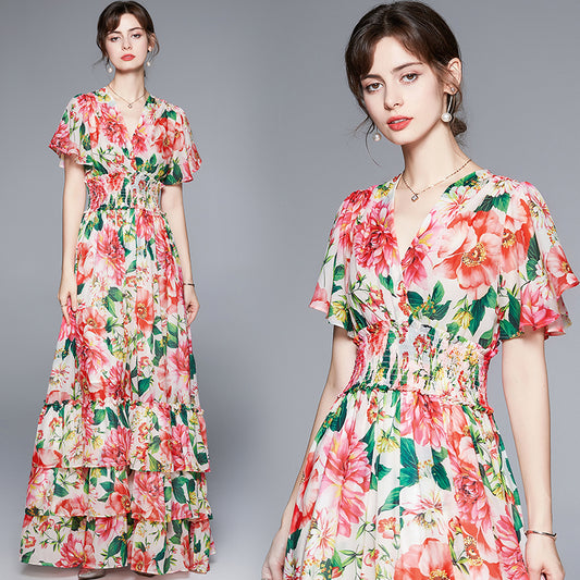 CM-DY060302 Women Elegant European Style V-Neck Short Sleeve Elastic Waist Floral Maxi Dress