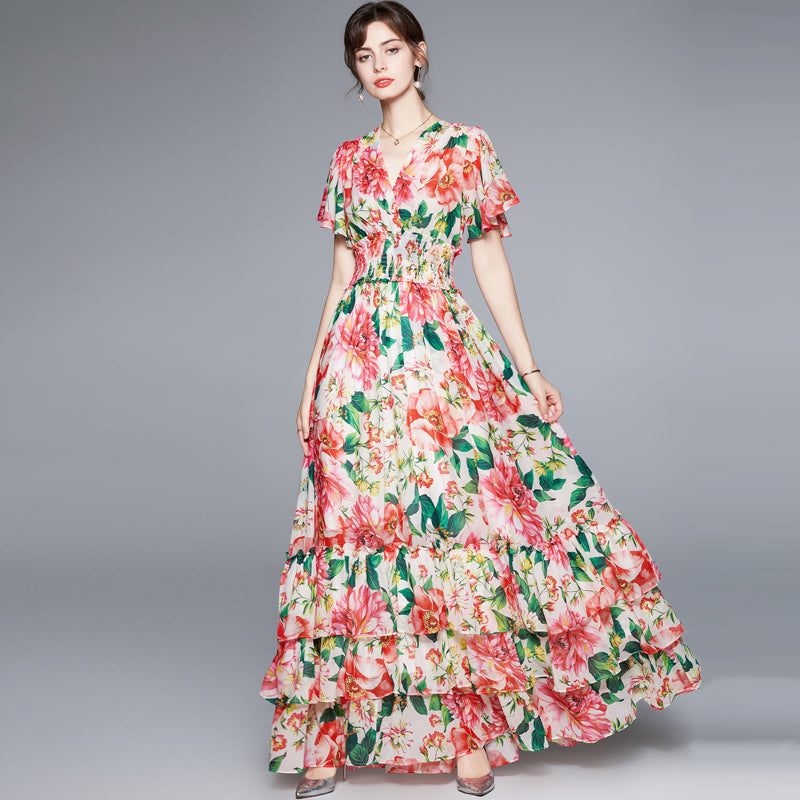 CM-DY060302 Women Elegant European Style V-Neck Short Sleeve Elastic Waist Floral Maxi Dress