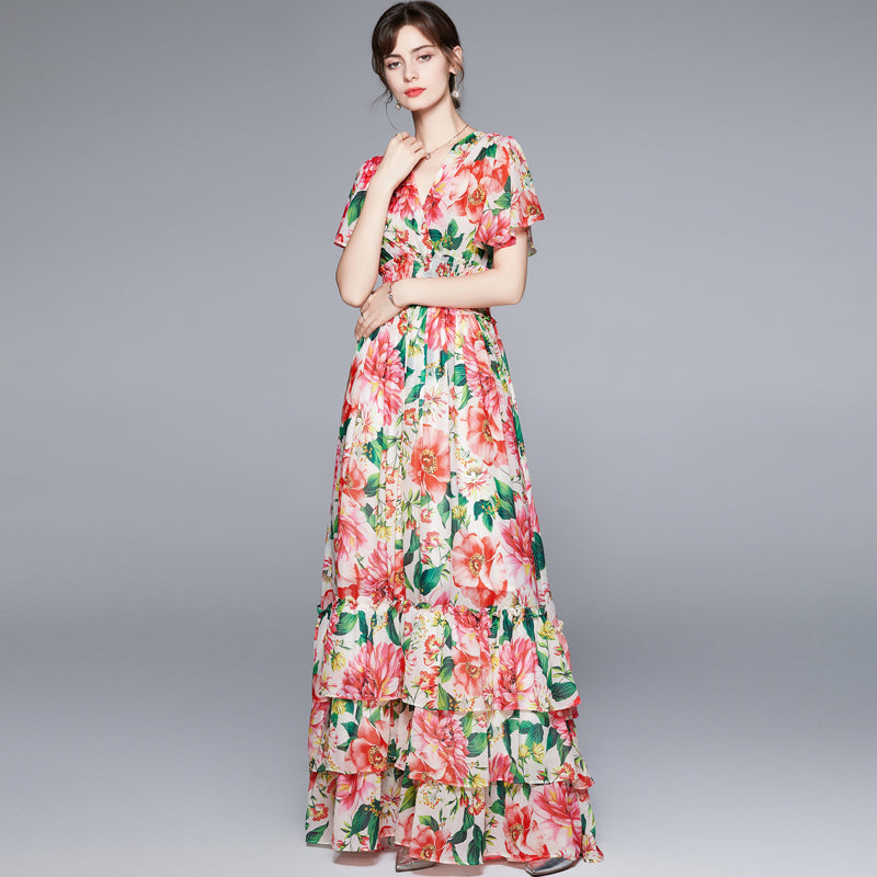 CM-DY060302 Women Elegant European Style V-Neck Short Sleeve Elastic Waist Floral Maxi Dress