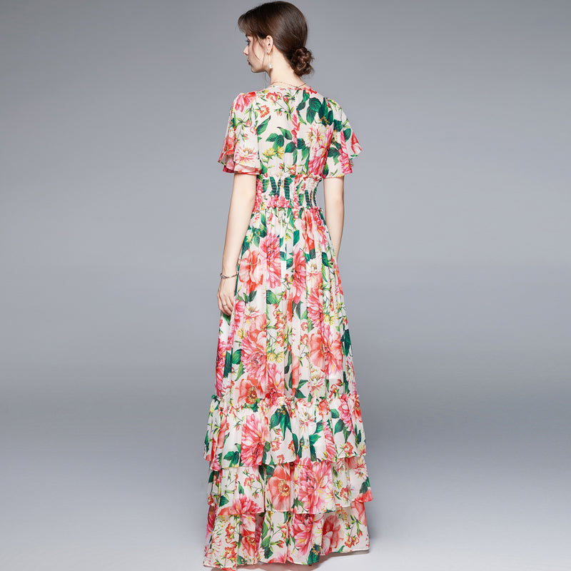 CM-DY060302 Women Elegant European Style V-Neck Short Sleeve Elastic Waist Floral Maxi Dress