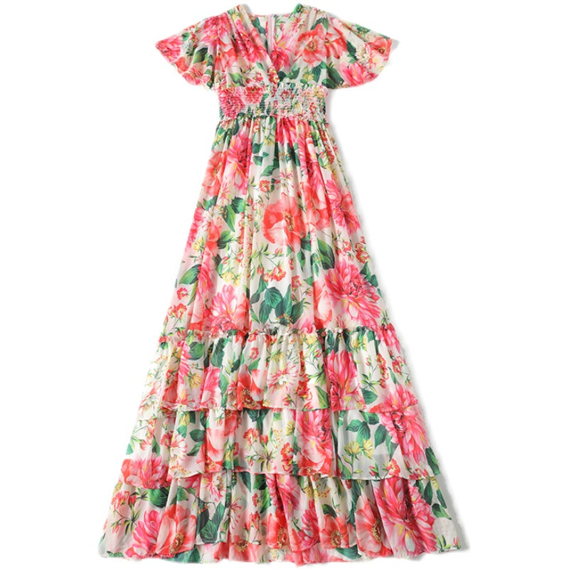CM-DY060302 Women Elegant European Style V-Neck Short Sleeve Elastic Waist Floral Maxi Dress