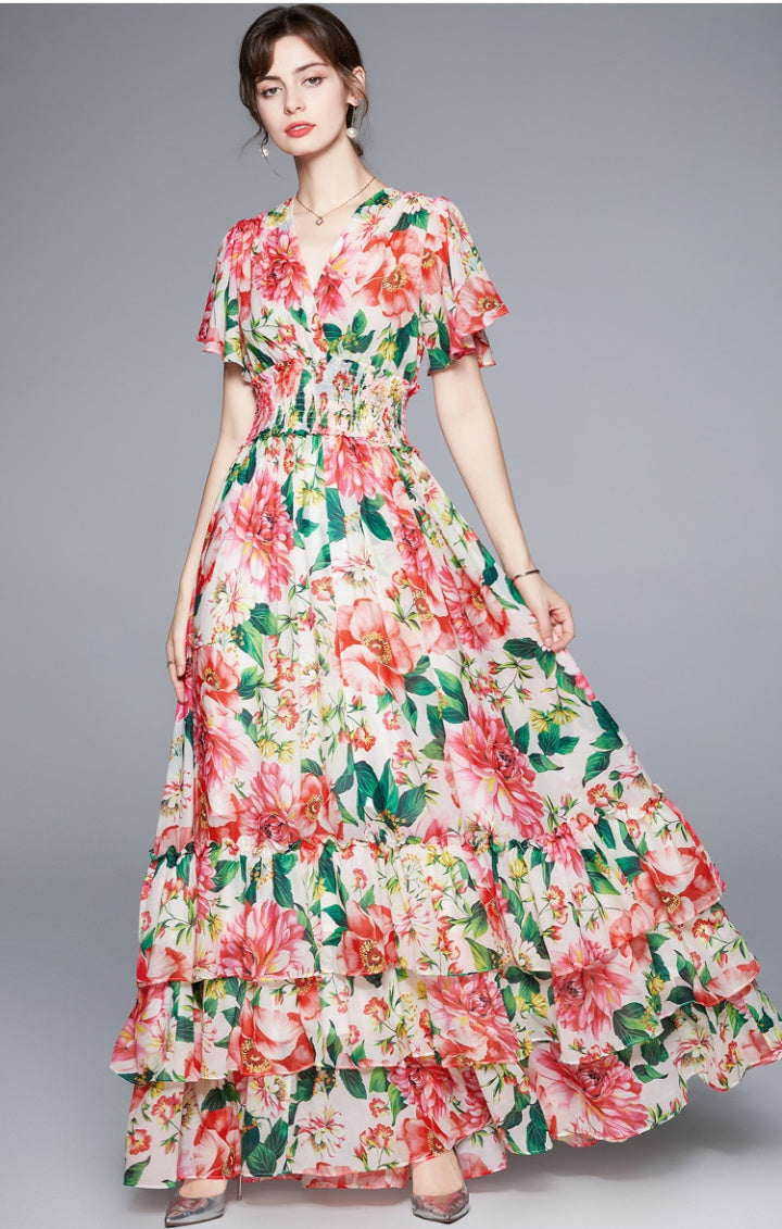 CM-DY060302 Women Elegant European Style V-Neck Short Sleeve Elastic Waist Floral Maxi Dress