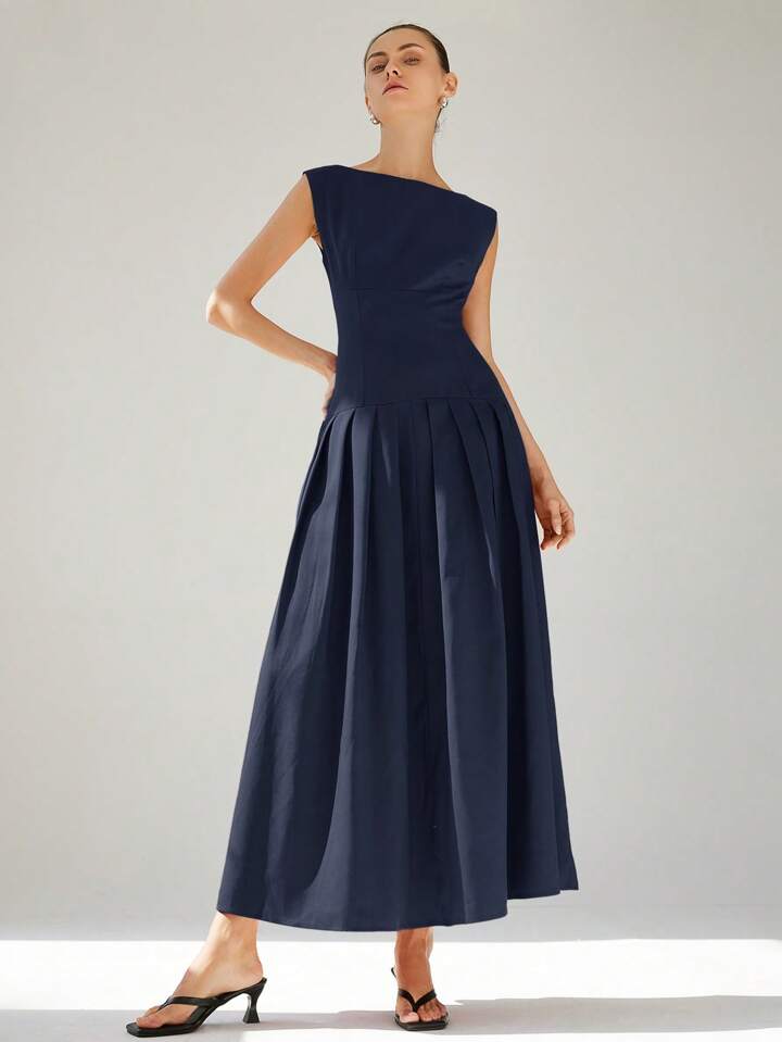 CM-DS247303 Women Elegant Seoul Style Sleeveless Cinched Waist Low Waist Pleated Ruffle Hem Long Dress - Navy Blue