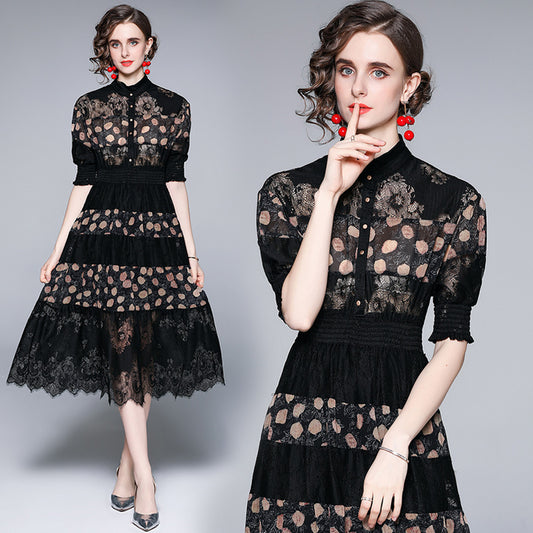 CM-DY063565 Women Elegant European Style Stand Collar Short Sleeve Pinched Waist Midi Dress - Black