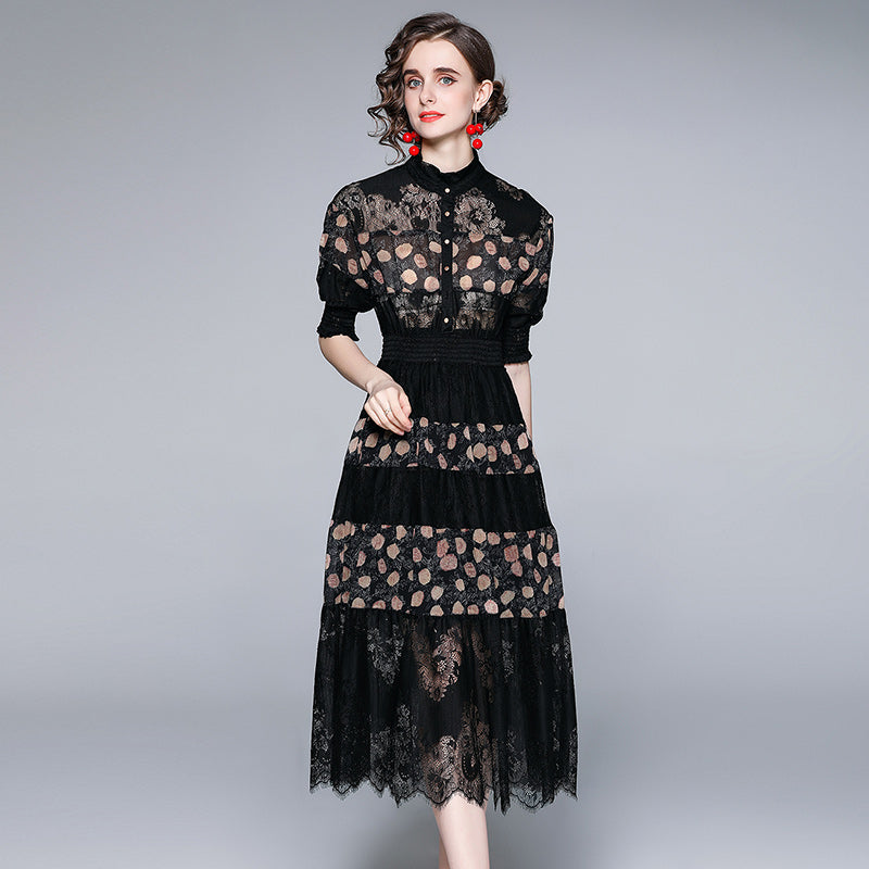 CM-DY063565 Women Elegant European Style Stand Collar Short Sleeve Pinched Waist Midi Dress - Black
