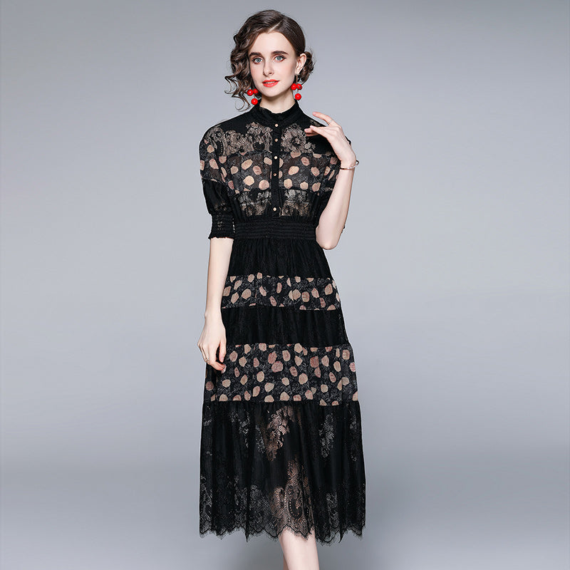 CM-DY063565 Women Elegant European Style Stand Collar Short Sleeve Pinched Waist Midi Dress - Black