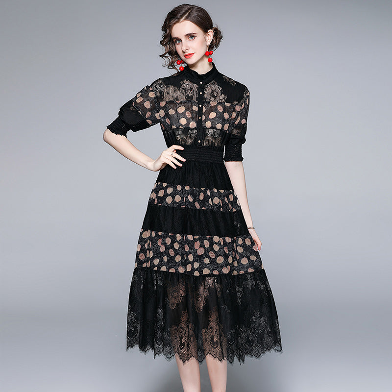 CM-DY063565 Women Elegant European Style Stand Collar Short Sleeve Pinched Waist Midi Dress - Black
