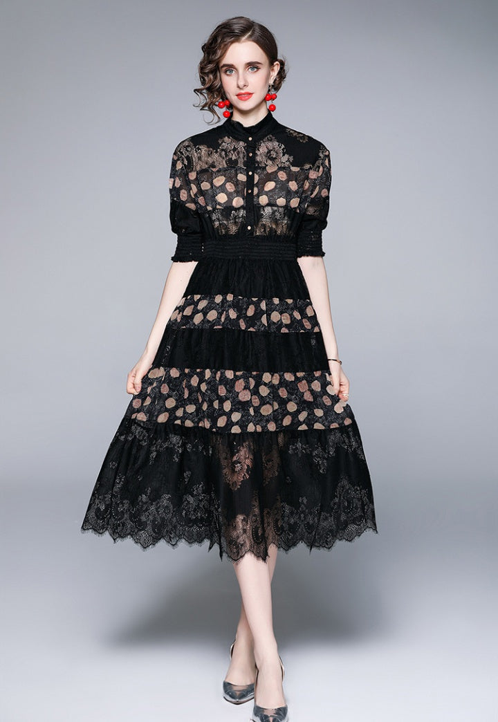 CM-DY063565 Women Elegant European Style Stand Collar Short Sleeve Pinched Waist Midi Dress - Black