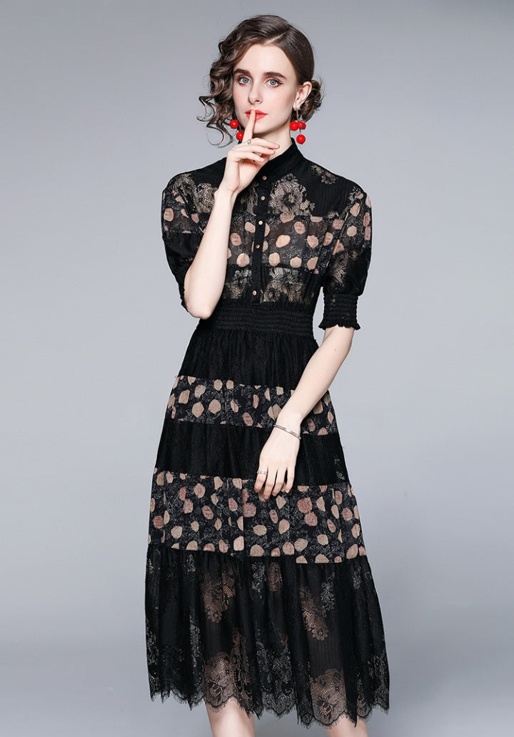 CM-DY063565 Women Elegant European Style Stand Collar Short Sleeve Pinched Waist Midi Dress - Black