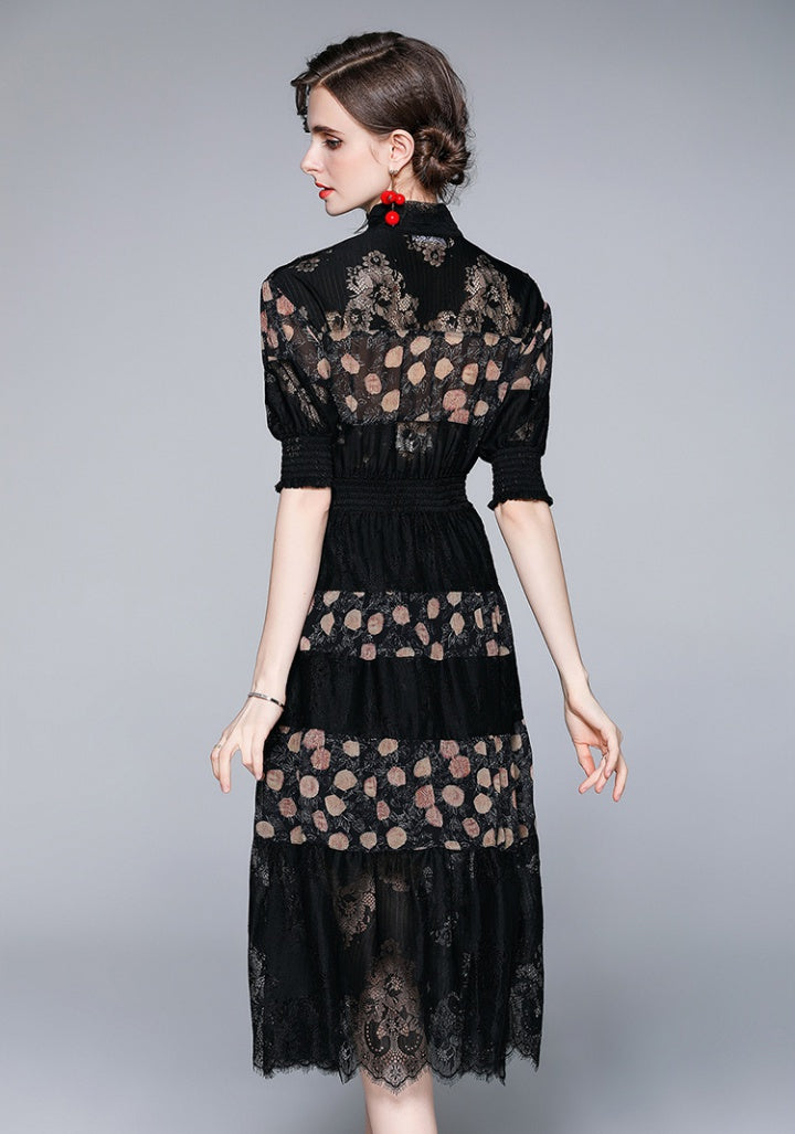 CM-DY063565 Women Elegant European Style Stand Collar Short Sleeve Pinched Waist Midi Dress - Black