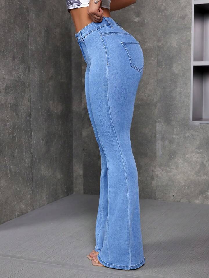 CM-BS068359 Women Preppy Seoul Style Medium Washed Denim Bell-Bottom Flare Leg Pants