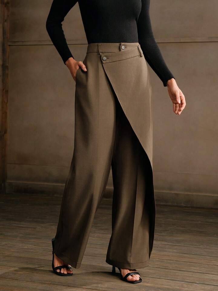 CM-BS466966 Women Elegant Seoul Style Asymmetrical Draping Cross-Wrap Pockets Straight-Leg Pants - Brown