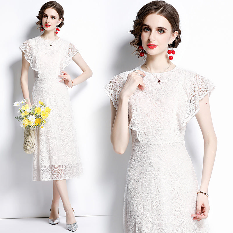 CM-DY066772 Women Elegant European Style Round Neck Butterfly Sleeves Lace Slim Midi Dress - White