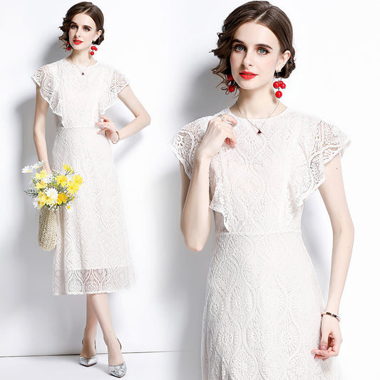 CM-DY066772 Women Elegant European Style Round Neck Butterfly Sleeves Lace Slim Midi Dress - White
