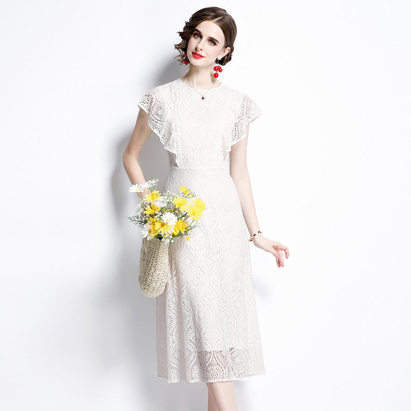 CM-DY066772 Women Elegant European Style Round Neck Butterfly Sleeves Lace Slim Midi Dress - White