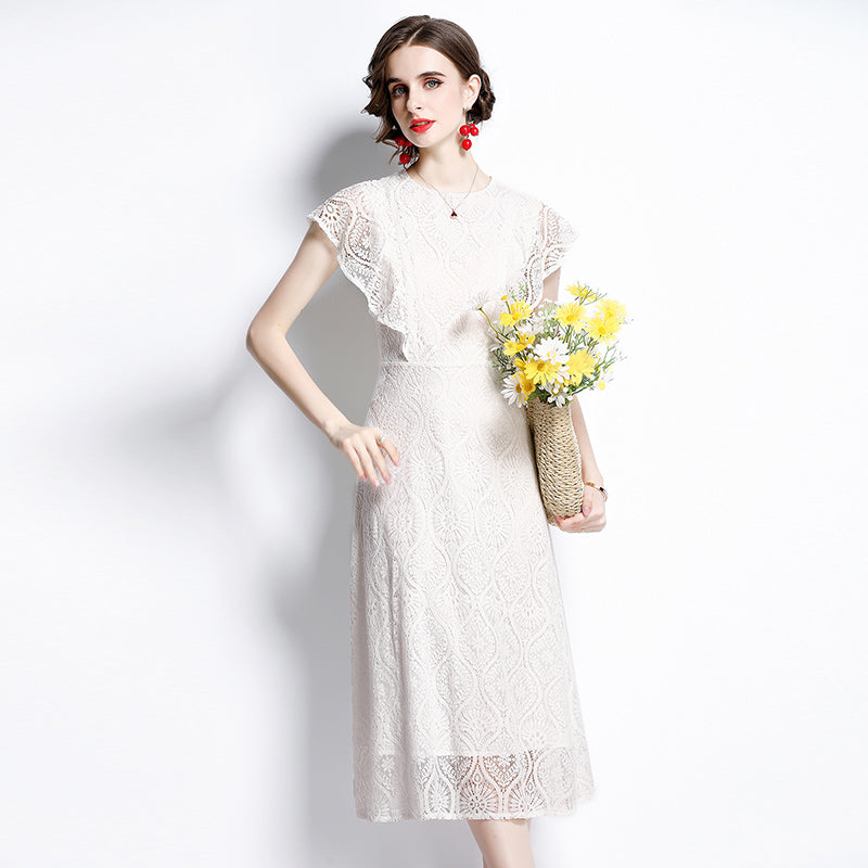 CM-DY066772 Women Elegant European Style Round Neck Butterfly Sleeves Lace Slim Midi Dress - White
