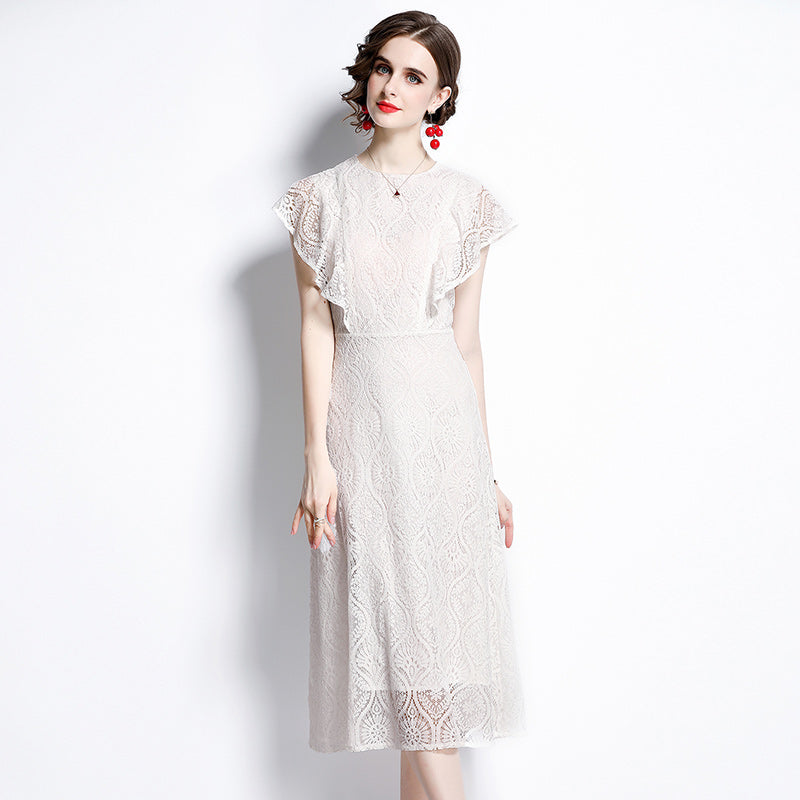 CM-DY066772 Women Elegant European Style Round Neck Butterfly Sleeves Lace Slim Midi Dress - White