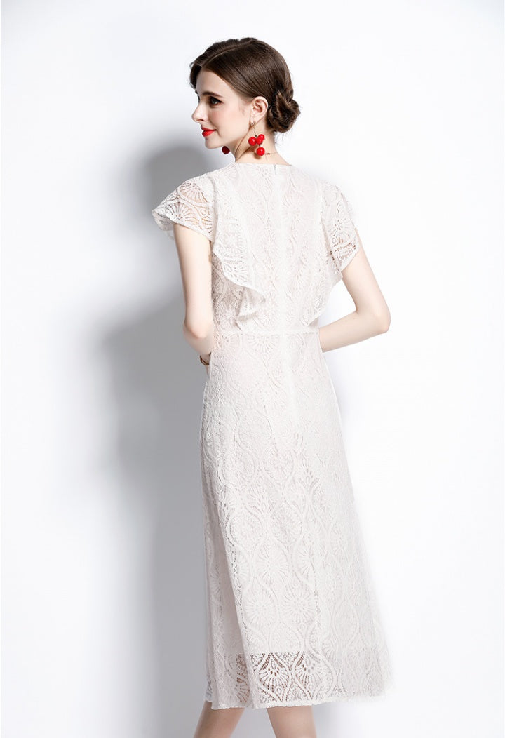 CM-DY066772 Women Elegant European Style Round Neck Butterfly Sleeves Lace Slim Midi Dress - White