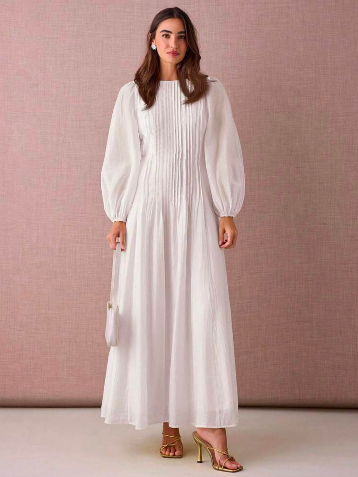 CM-DS929272 Women Elegant Seoul Style Round Neck Lantern Sleeve Pleated Design A-Line Maxi Dress - White