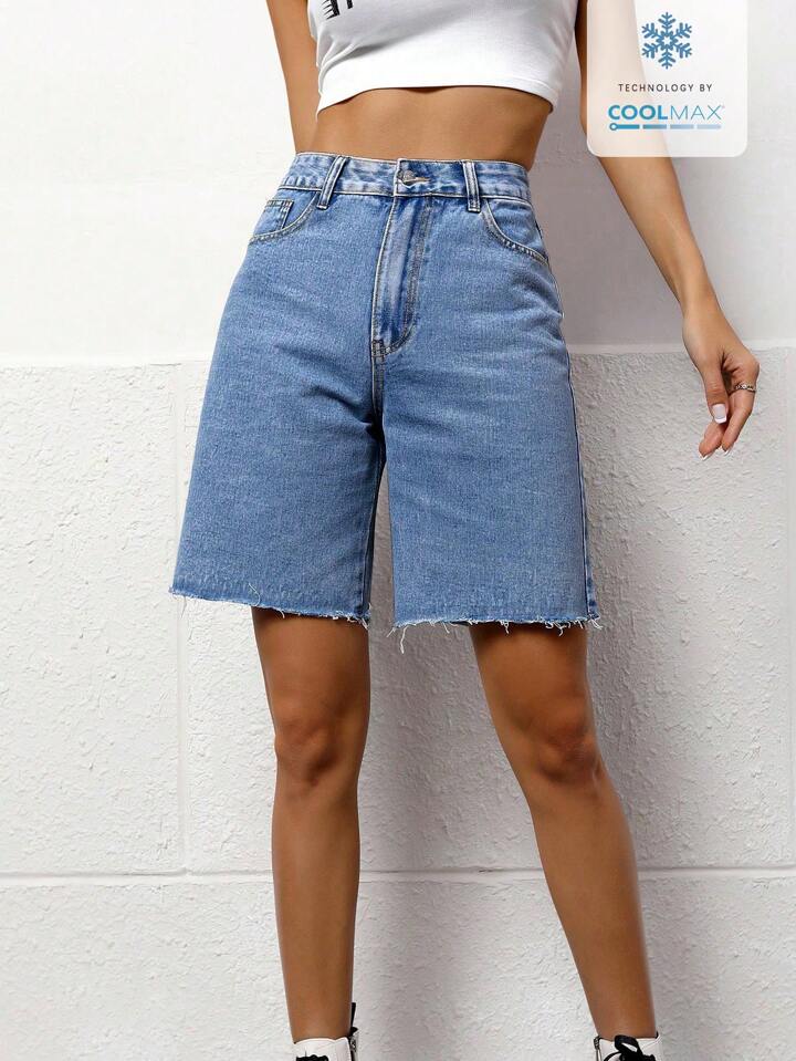 CM-BS619818 Women Casual Seoul Style Medium Wash Solid Color Pocket Frayed Hem Bermuda Denim Shorts