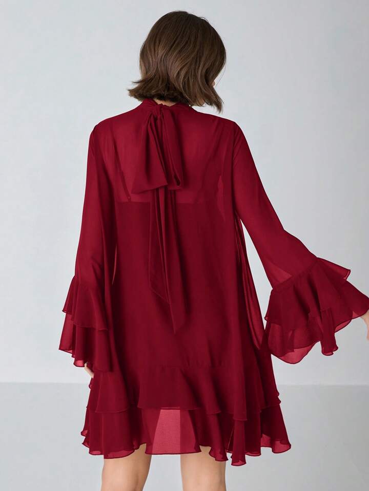 CM-DS336996 Women Elegant Seoul Style Solid Stand Collar Long Sleeve High Waist A-Line Dress - Burgundy