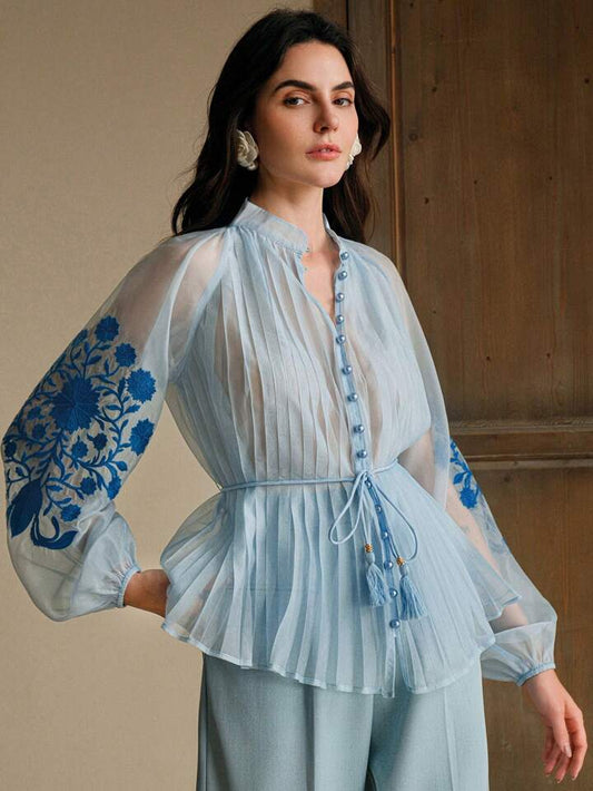 CM-TS389017 Women Elegant Seoul Style Stand Collar Long Sleeve Pleated Embroidered Tie Waist Blouse - Baby Blue
