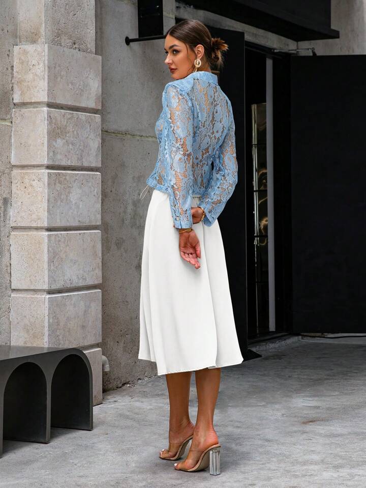 CM-TS109811 Women Elegant Seoul Style Lace Lapel Collar Long Sleeve Shirt - Blue