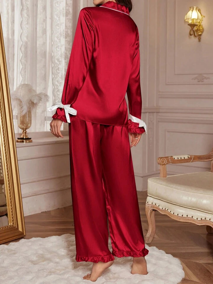 CM-LS566663 Women Trendy Seoul Style Faux Silk Tie Cuff Long Sleeve Top With Pants Pajama Set - Red