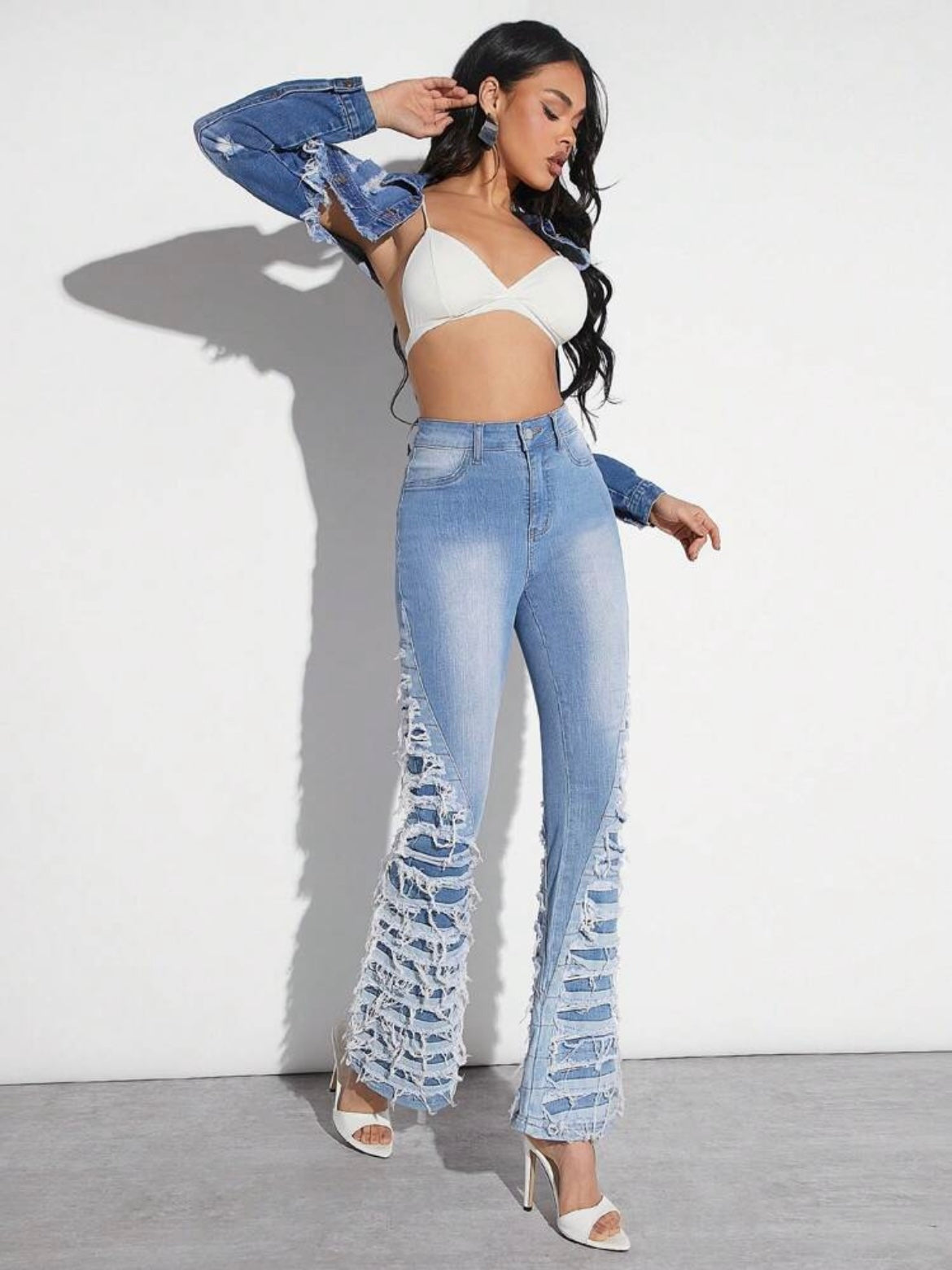 CM-BS802817 Women Casual Seoul Style Medium Wash Ripped Layered Panel Flare Leg Jeans