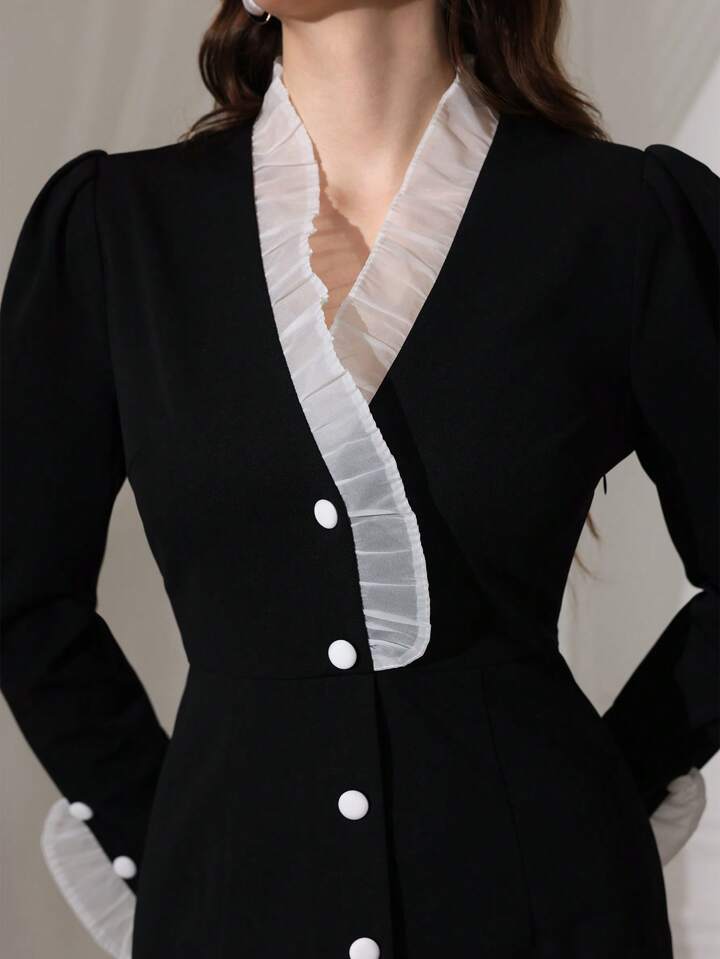 CM-DS799859 Women Elegant Seoul Style V-Neck Puff Sleeve Colorblock Long Bodycon Dress - Black