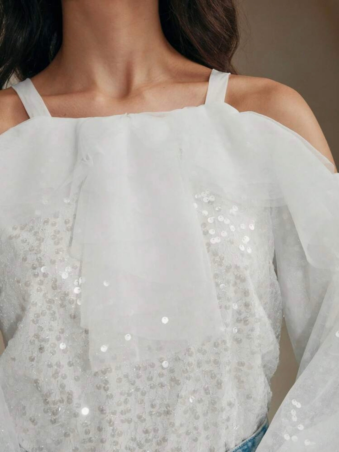 CM-TS753237 Women Elegant Seoul Style Solid Color Mesh Patchwork Camisole Sleeve Blouse - White