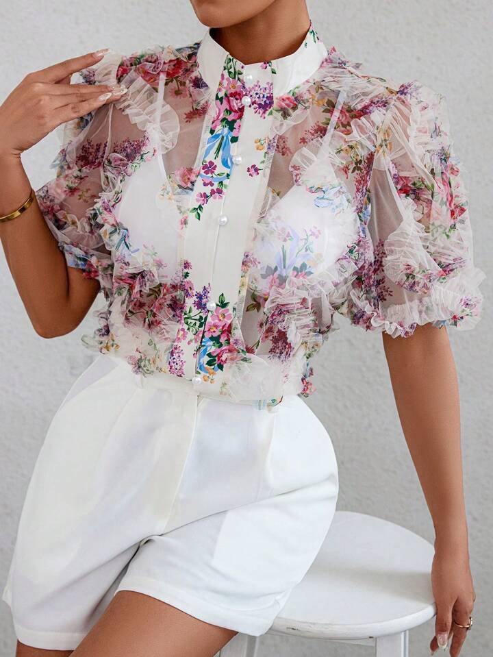 CM-TS719176 Women Trendy Bohemian Style Floral Printed See-Through Short Sleeve Shirt - White