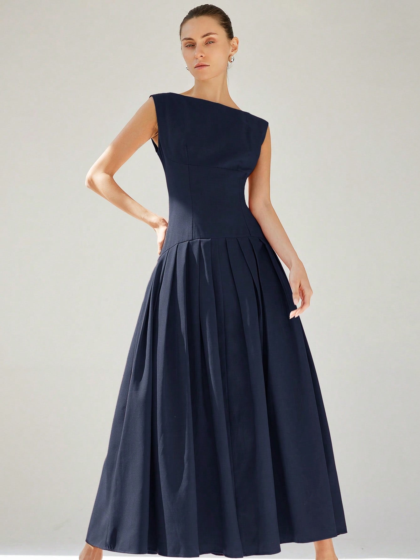 CM-DS247303 Women Elegant Seoul Style Boat Neck Sleeveless Ruched Low-Waist Ruffled Hem Maxi Dress - Navy Blue