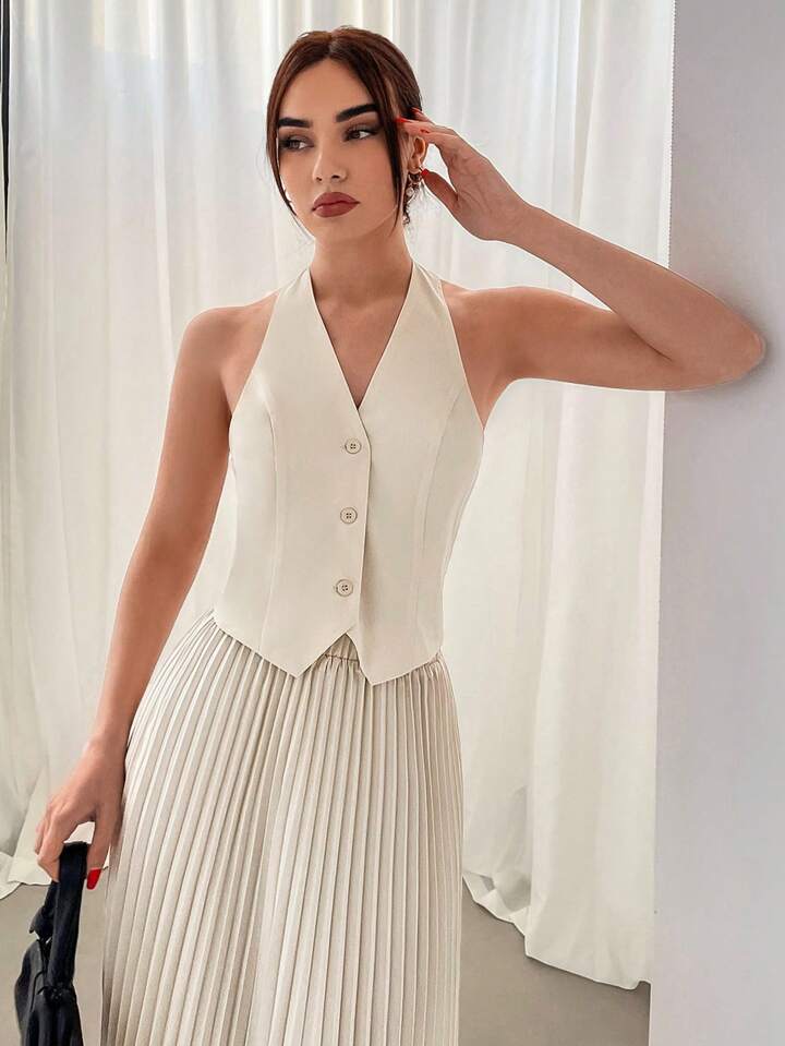 CM-SS346195 Women Elegant Seoul Style Halter Neck Single Breasted Vest With Pleated Skirt - Set